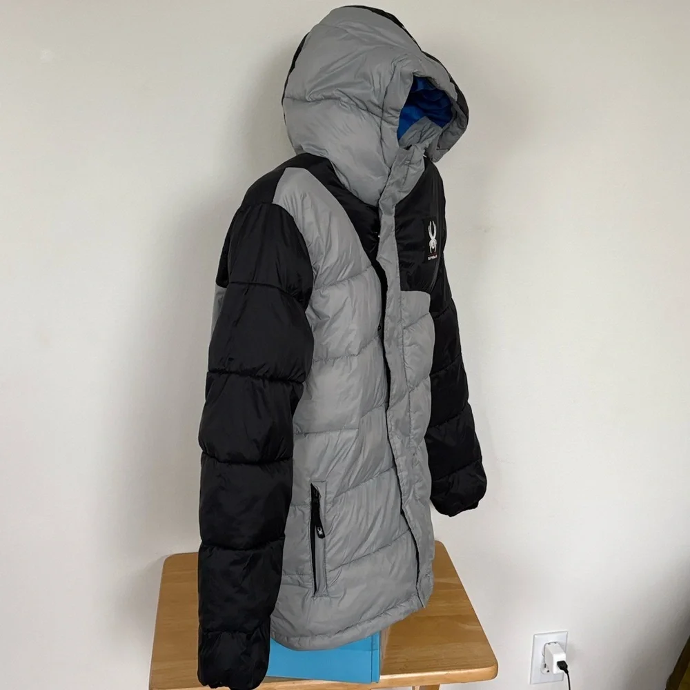 Spyder Silver and Black Hooded Puffer Jacket Size 16